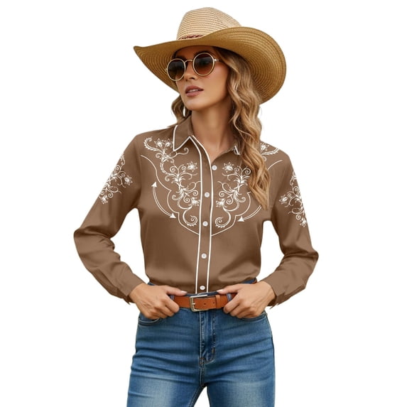 Womens Vintage Floral Western Shirt Long Sleeve Cowboy Cowgirl Button Down Shirt Tops