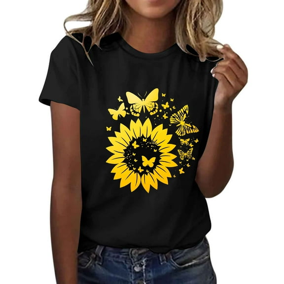 Womens Vintage Flower Print T Shirt Funny Cute Sunflower Graphic Tees Tops Loose Casual Short Sleeve T-Shirts Outdoor Everyday Wear New, 37-Black, S