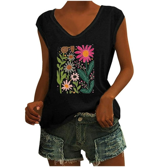Womens Vintage Flowers V Neck Printed Shirt Funny Boho Graphic Tee Casual Short Sleeve Black XL