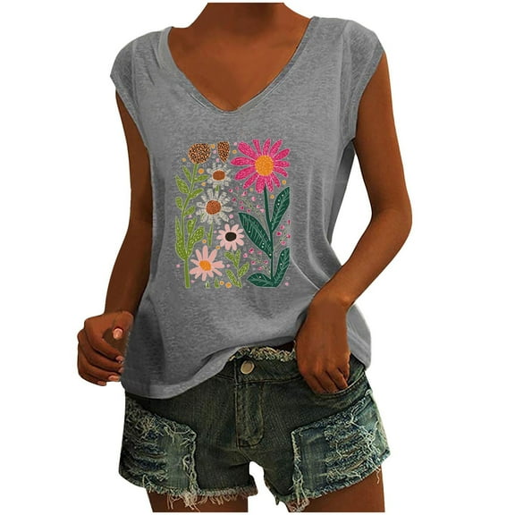 Womens Vintage Flowers V Neck Printed Shirt Funny Boho Graphic Tee Casual Short Sleeve Gray L