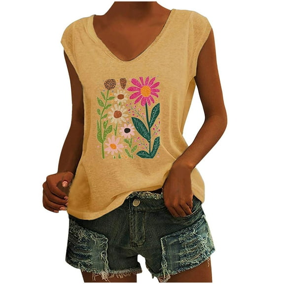 Womens Vintage Flowers V Neck Printed Shirt Funny Boho Graphic Tee Casual Short Sleeve Khaki S