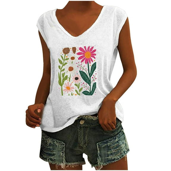 Womens Vintage Flowers V Neck Printed Shirt Funny Boho Graphic Tee Casual Short Sleeve White S