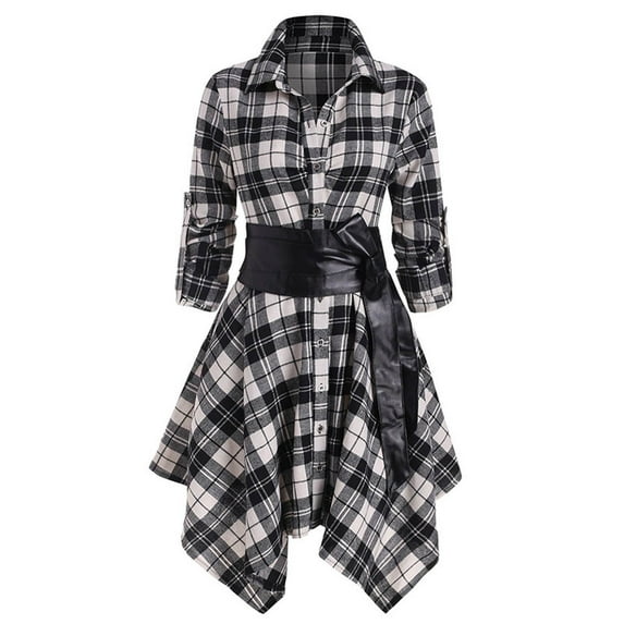 Womens Vintage Gothic Steampunk Dress Casual Plaid Shirt Dress with PU Waist Belt Retro Rockabilly Punk Hippie Dresses