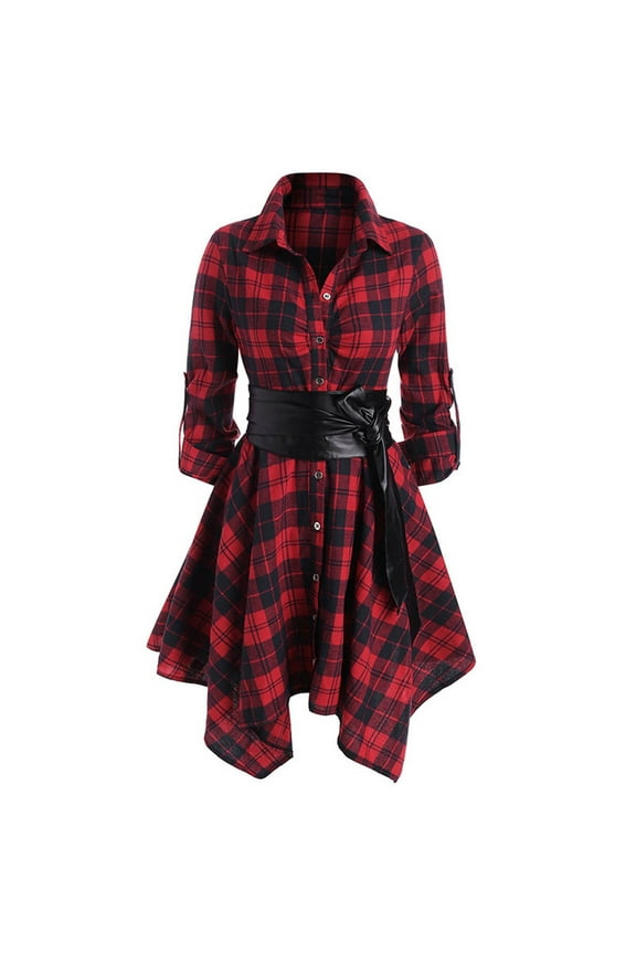 Womens Vintage Gothic Steampunk Dress Casual Plaid Shirt Dress with PU Waist Belt Retro Rockabilly Punk Hippie Dresses