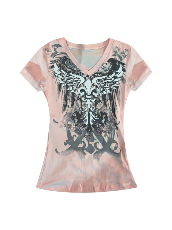 Womens Vintage Graphic Y2K Tops Short Sleeve Slim Fit T-shirt 2000s Trendy Emo Shirts Streetwear Grunge Clothes Summer Going Out Tops