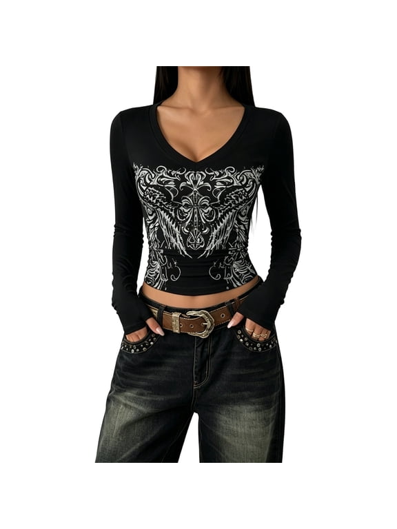 Womens Vintage Graphic Y2K Tops Short Sleeve Slim Fit T-shirt 2000s Trendy Emo Shirts Streetwear Grunge Clothes Summer Going Out Tops