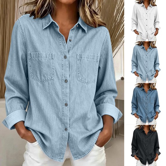 Womens Vintage Jacket Fashionable Long Sleeve Collared Denim Button-Down Shirt Jacket with Pockets Casual Commuting