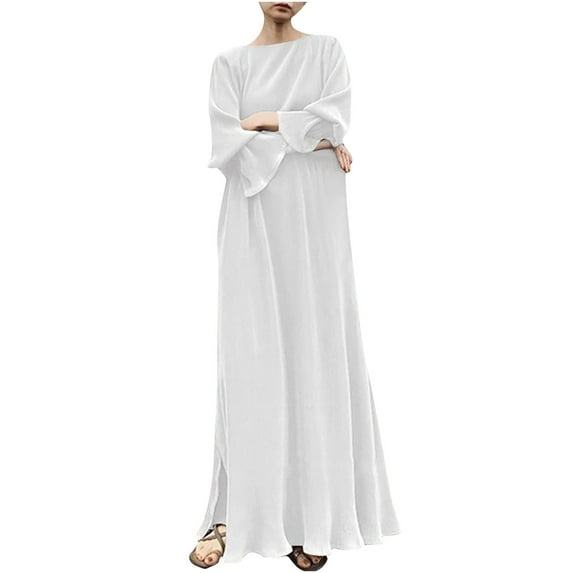 Womens Vintage Kaftan Maxi Dress Flare Long Sleeve Boatneck Plain Split Long Dress Casual Loose Belted Robe Party Dress