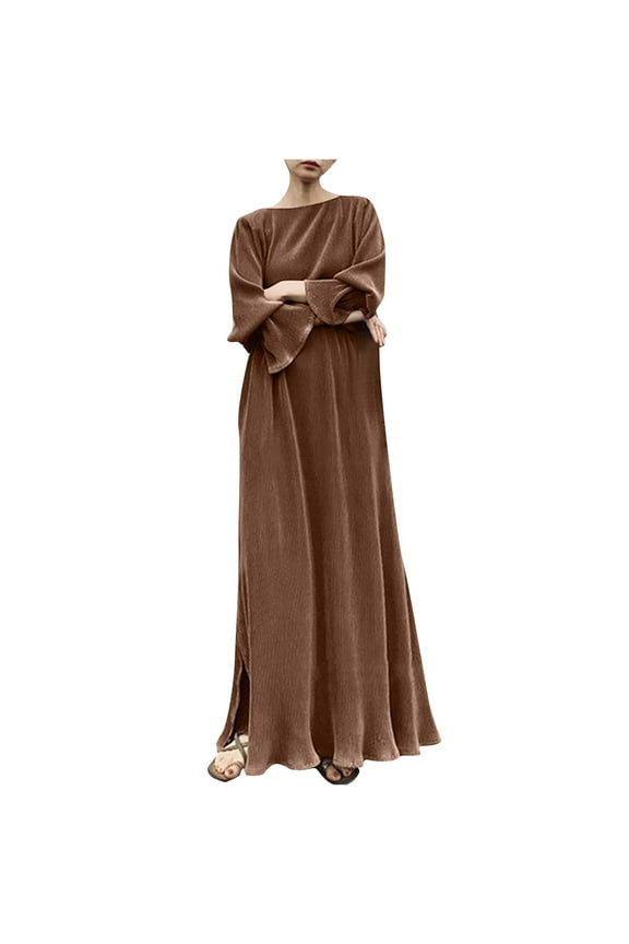 Womens Vintage Kaftan Maxi Dress Flare Long Sleeve Boatneck Plain Split Long Dress Casual Loose Belted Robe Party Dress