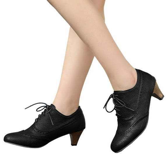 Womens Vintage Kitten Mid Heels Dress Shoes Spring Leather Pointed Toe Lace up Dressy Pumps Oxfords Booties