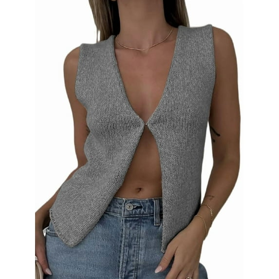 Womens Vintage Knittd Tank Y2k Vest Crop Top Sleeveless V-Neck Open Front Button Crochet Knit Vests Grey S