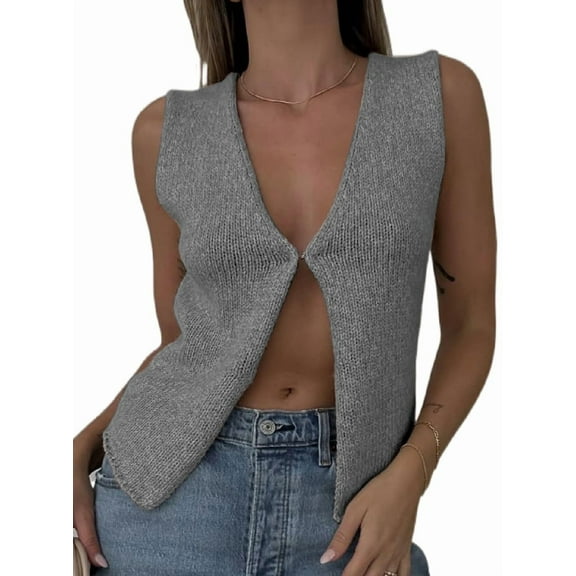 Womens Vintage Knittd Tank Y2k Vest Crop Top Sleeveless V-Neck Open Front Button Crochet Knit Vests Grey S
