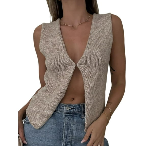 Womens Vintage Knittd Tank Y2k Vest Crop Top Sleeveless V-Neck Open Front Button Crochet Knit Vests Oatmeal Color S