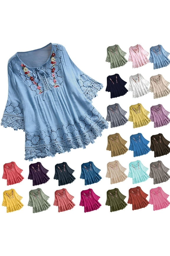 Womens Vintage Lace Patchwork Bow V-Neck 3/4 Sleeve Blouses Top T-Shirt Bohemian Peasant Style Three Quarter Sleeve Tunics Blouses