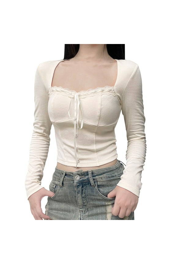 Womens Vintage Lace Trim Crop Top Long Sleeve Retro Henley Shirt Basic Fairycore Tight Pullover Blouse