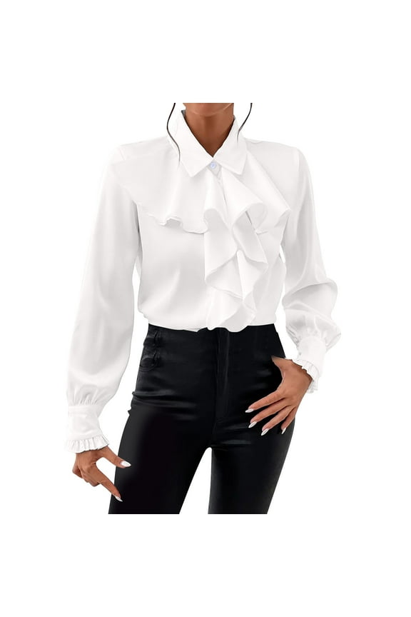 Womens Vintage Long Sleeve Ruffled Blouse Dressy Casual Button Down Work Office Shirt Basic Business Tops