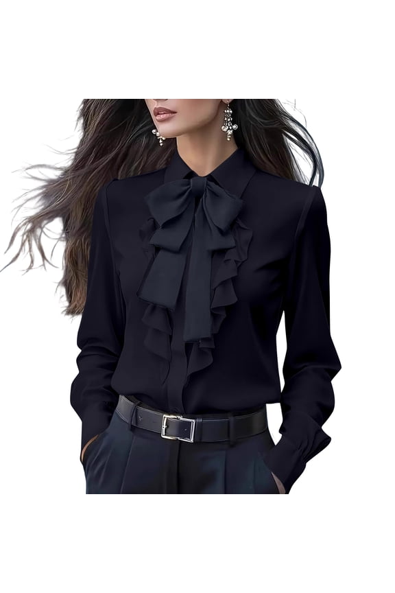 Womens Vintage Long Sleeve Ruffled Casual Work Shirt Elegant Bow Blouse Basic Tops Fashion Spring Fall Clothes Black XL