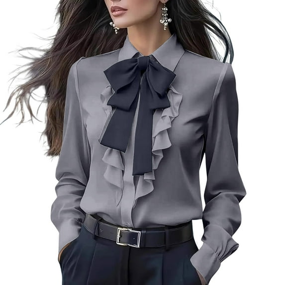 Womens Vintage Long Sleeve Ruffled Casual Work Shirt Elegant Bow Blouse Basic Tops Fashion Spring Fall Clothes Gray 2XL