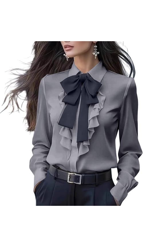 Womens Vintage Long Sleeve Ruffled Casual Work Shirt Elegant Bow Blouse Basic Tops Fashion Spring Fall Clothes Gray XL