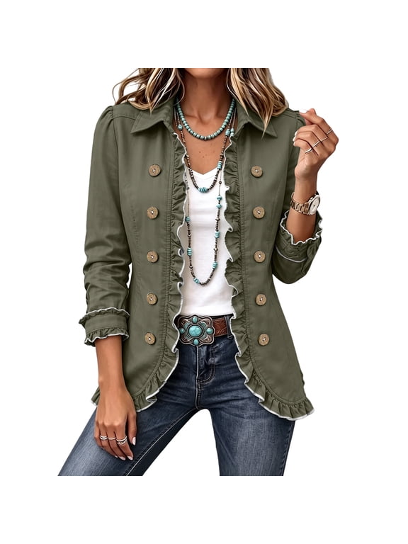Womens Vintage Longline Jackets Fall Long Sleeve Collared Double Breasted Ruffle Trim Solid Casual Coat
