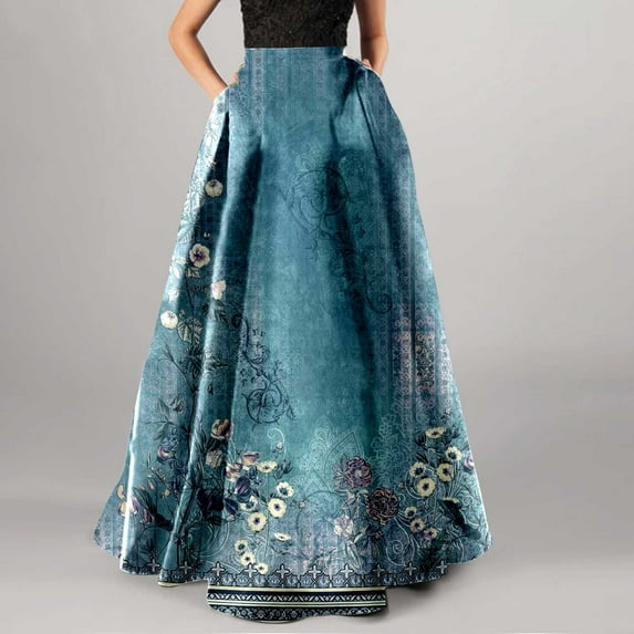 Womens Vintage Maxi Skirts Retro Patchwork High Waist Long Skirt Elastic A-Line Dress Casual Skirt Blue XL