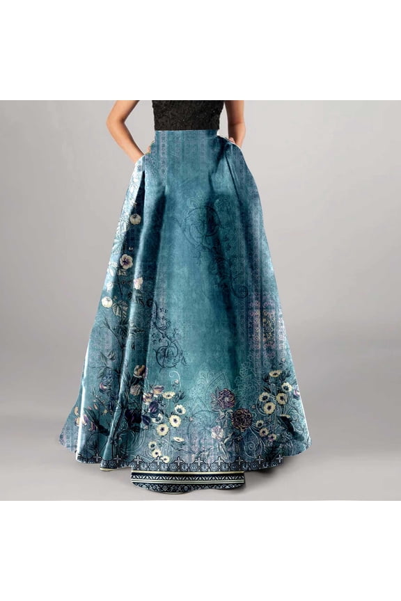 Womens Vintage Maxi Skirts Retro Patchwork High Waist Long Skirt Elastic A-Line Dress Casual Skirt Blue XL