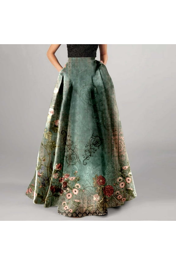 Womens Vintage Maxi Skirts Retro Patchwork High Waist Long Skirt Elastic A-Line Dress Casual Skirt Green XXL