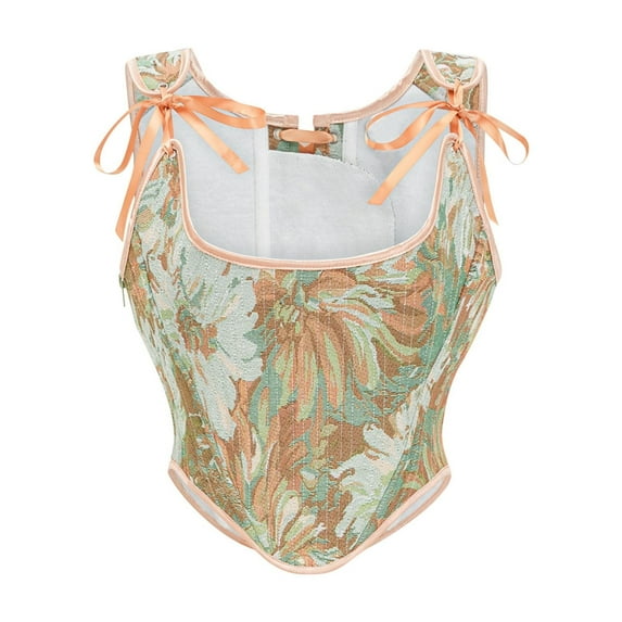 Womens Vintage Overbust Corsets Retro Floral Shapewear Bustier Corset Tops Lace Up Renaissance Body Shaper Beige, M