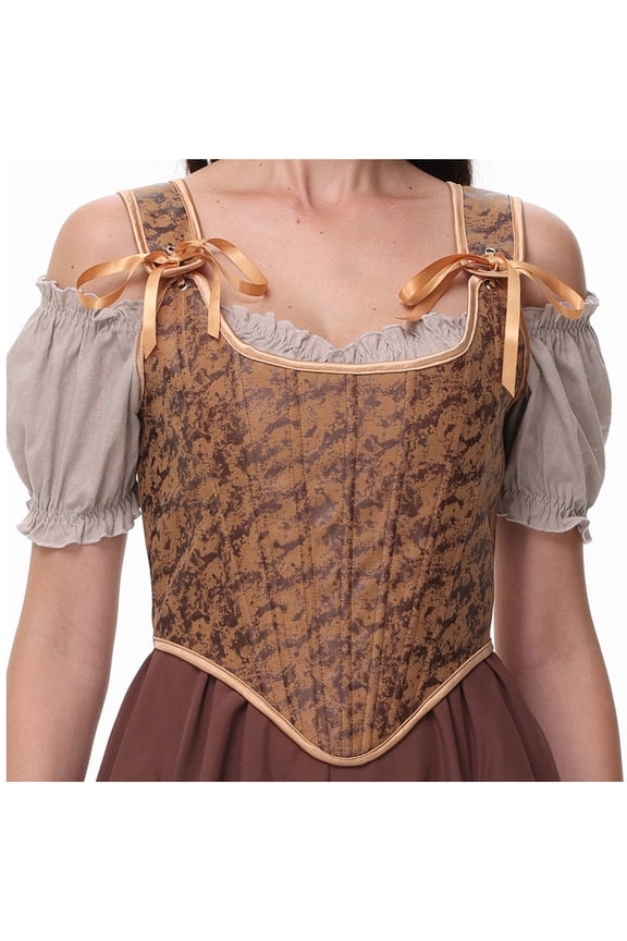 Womens Vintage Overbust Corsets Retro Floral Shapewear Bustier Corset Tops Lace Up Renaissance Body Shaper Coffee, XL