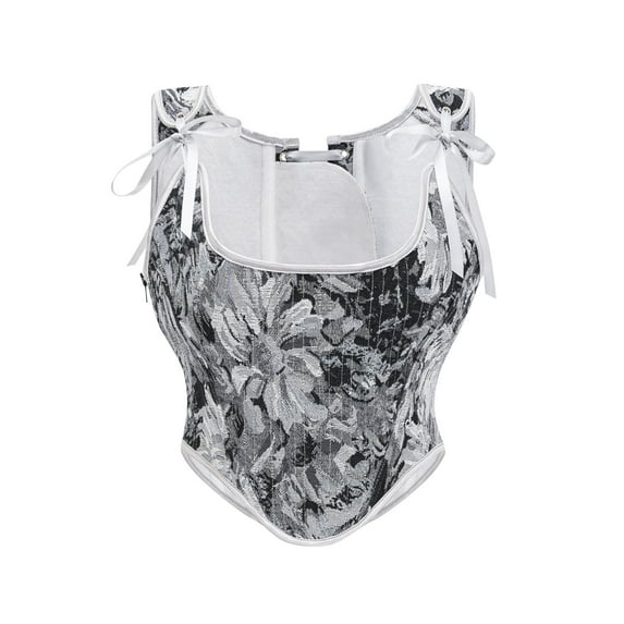 Womens Vintage Overbust Corsets Retro Floral Shapewear Bustier Corset Tops Lace Up Renaissance Body Shaper Gray, XXL