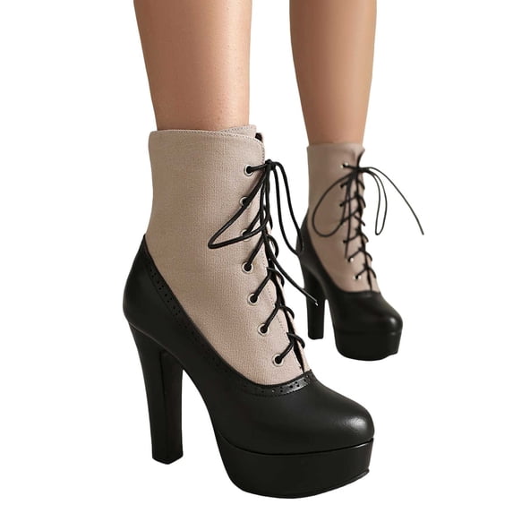Womens Vintage Patchwork Dress Combat Boots Retro Leather Platform Dressy High Heel Cocktail Party Ankle Booties
