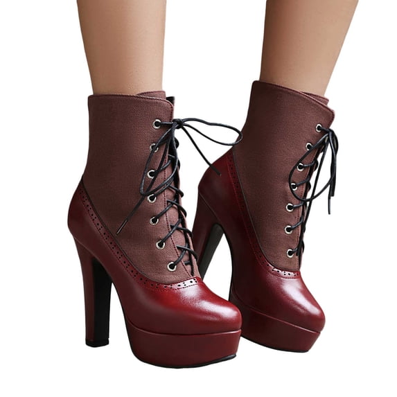 Womens Vintage Patchwork Dress Combat Boots Retro Leather Platform Dressy High Heel Cocktail Party Ankle Booties