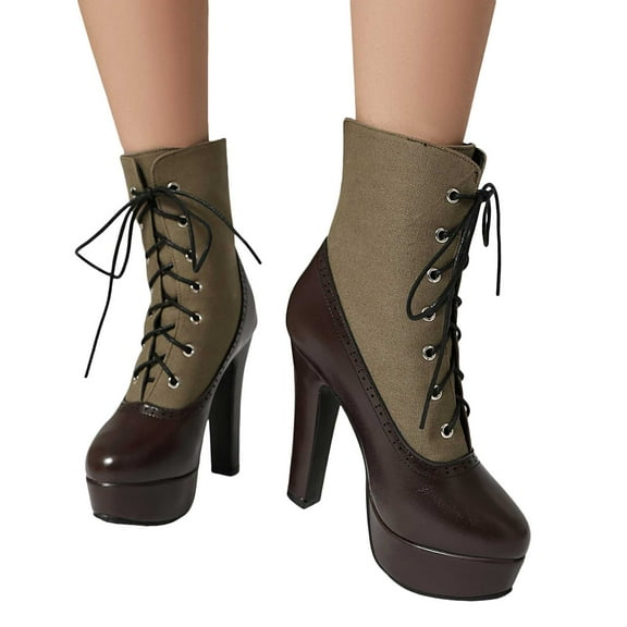 Womens Vintage Patchwork Dress Combat Boots Retro Leather Platform Dressy High Heel Cocktail Party Ankle Booties
