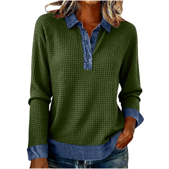 Womens Vintage Patchwork Sweatshirt Casual Waffle Knit Pullover Collared Denim Shirts Trendy Long Sleeve Half Button Tops (Army Green,XL)