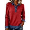 thumbnail image 1 of Womens Vintage Patchwork Sweatshirt Casual Waffle Knit Pullover Collared Denim Shirts Trendy Long Sleeve Half Button Tops (Red,2XL), 1 of 7