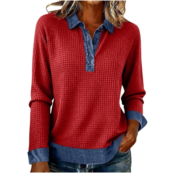 Womens Vintage Patchwork Sweatshirt Casual Waffle Knit Pullover Collared Denim Shirts Trendy Long Sleeve Half Button Tops (Red,2XL)