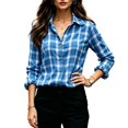 thumbnail image 1 of Womens Vintage Plaid Button Down Shirts Casual Long Sleeve Fall Loose Fit Turndown Collar Lightweight Blouses Sky Blue S, 1 of 8
