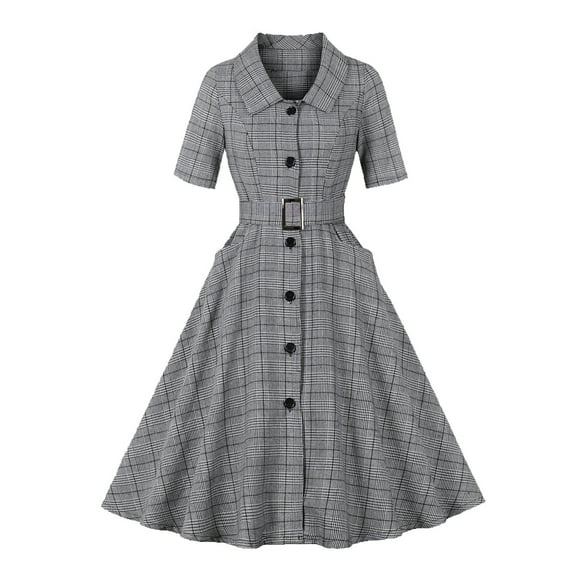 Womens Vintage Plaid Shirt Dress with Belt Pockets Short Sleeve Peter Pan Collar 50s Tea Party Cocktail Swing Dress (X-Large, Black)
