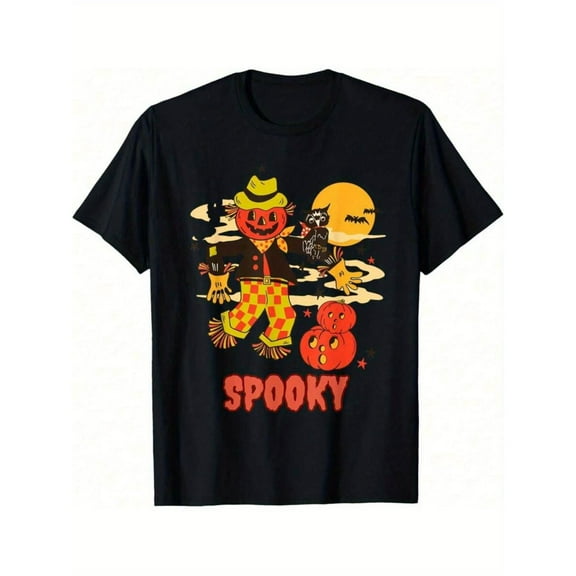Womens Vintage Pumpkin Scarecrow Graphic Retro Tee T Shirt Tops Short Sleeve Timeless Versatile Tee Black S-5XL