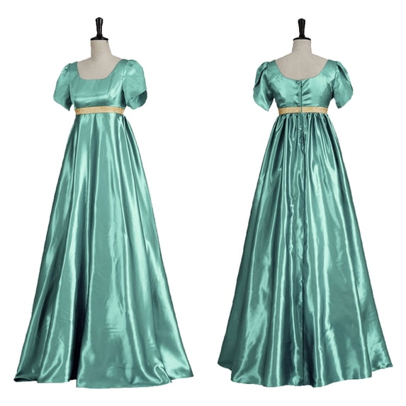 Womens Vintage Regency Dress Short Sleeves Ruffled Puff Sleeve Cinched-Waist Court-Style Dress Empire Waist Large Skirt Dress Gown