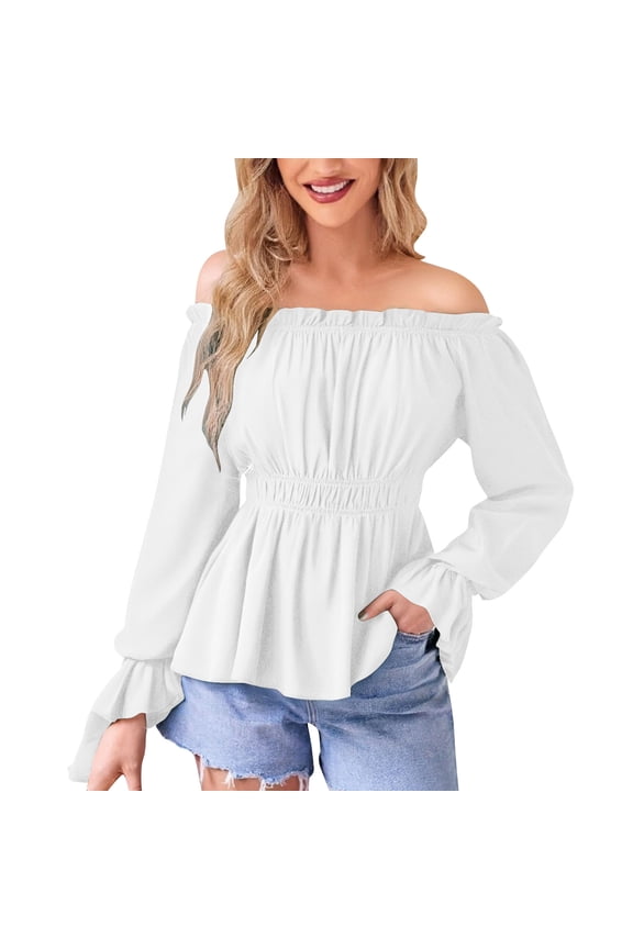 Womens Vintage Renaissance Blouse Long Sleeve Off Shoulder Medieval Pirate Costume Shirts Ruffle Boho Tops
