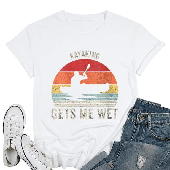 Womens Vintage Retro Kayaking Gets Me Wet Shirt Kayak Kayaker Round Neck T-Shirt White 4X-Large