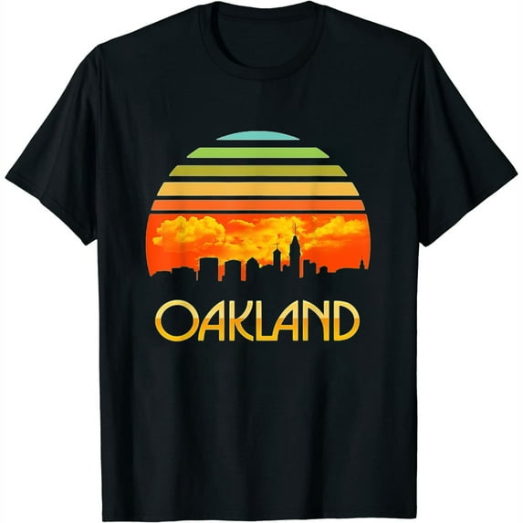 Womens Vintage Retro Sunset Downtown Oakland Skyline T-Shirt Black Large
