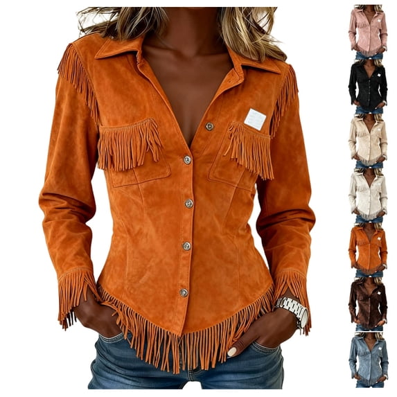 Womens Vintage Shirts Fringe Suede Western Cowgirl Shirts Long Sleeve Button Down Tops Slim Fit Country Concert Jacket