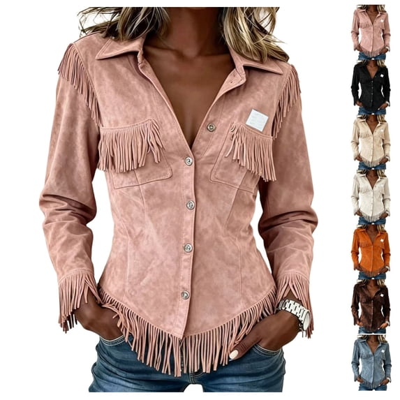 Womens Vintage Shirts Fringe Suede Western Cowgirl Shirts Long Sleeve Button Down Tops Slim Fit Country Concert Jacket