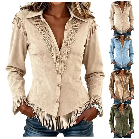 Womens Vintage Shirts Fringe Suede Western Cowgirl Shirts Long Sleeve Button Down Tops Slim Fit Country Concert Jacket