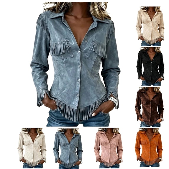 Womens Vintage Shirts Fringe Suede Western Cowgirl Shirts Long Sleeve Button Down Tops Slim Fit Country Concert Jacket