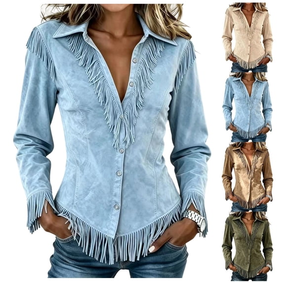 Womens Vintage Shirts Fringe Suede Western Cowgirl Shirts Long Sleeve Button Down Tops Slim Fit Country Concert Jacket