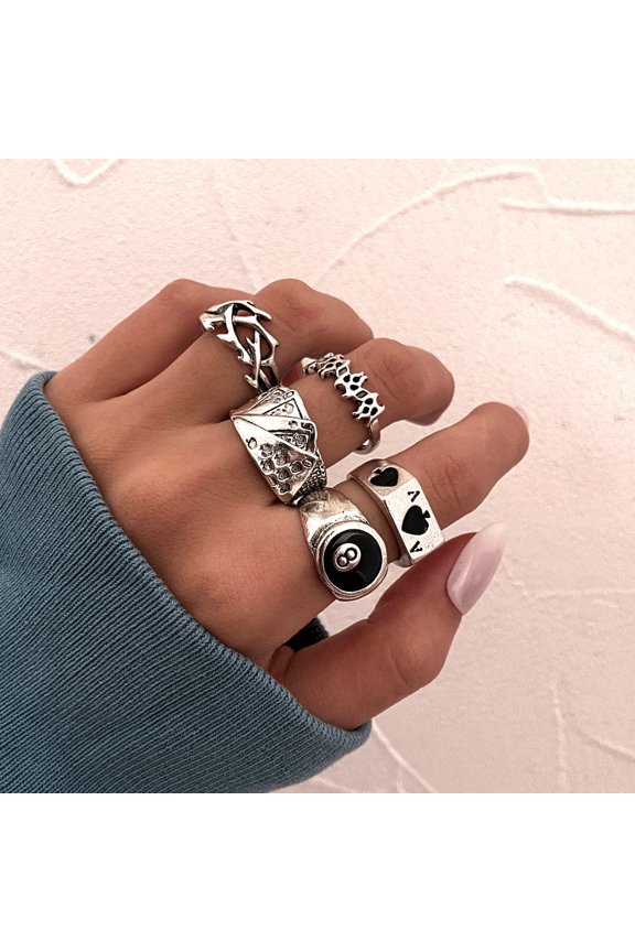 Womens Vintage Spade Card Poker Ring Set: 5-Piece Alloy Knuckle Rings, Electroplated, Ins Style, Creative Personality Gift