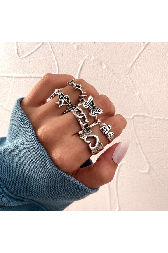 Womens Vintage Spade Card Poker Ring Set: 5-Piece Alloy Knuckle Rings, Electroplated, Ins Style, Creative Personality Gift